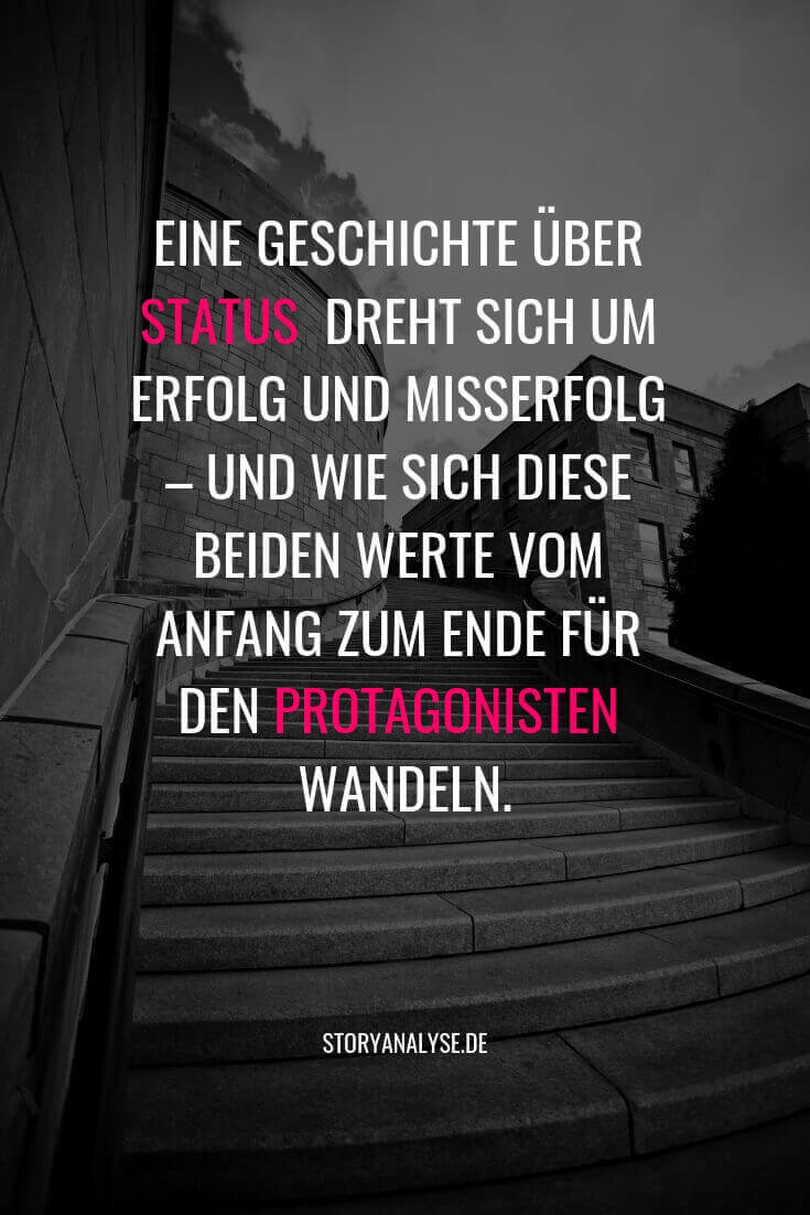 Eine Geschichte über status dreht sich um Erfolg und Misserfolg – und wie sich diese beiden Werte vom Anfang zum Ende für den Protagonisten wandeln. (Pflichtszenen sind keine Ketten, die deine Kreativität einschränken. Sondern es sind die Eckpfeiler, die sicherstellen, dass du das Versprechen einhältst, was das Genre deines Romans dem Leser gibt.) Erfahre mehr über das Schreiben und Lektorieren von Romanen auf auf storyanalyse.de